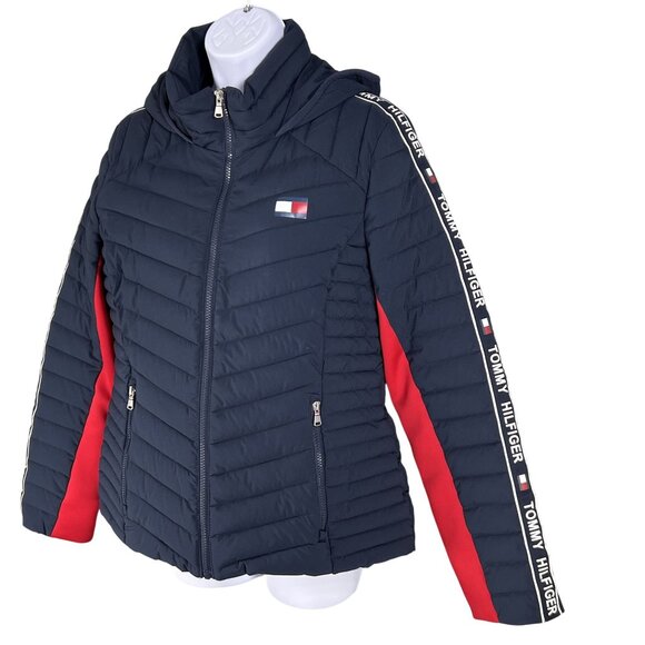 Tommy Hilfiger Women M Puffer Hooded Jacket Branded Strip Down Sleeves Flag Logo - Picture 1 of 16